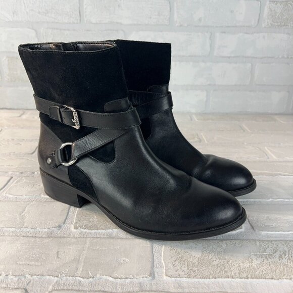Ralph Lauren Makalia‎ Boots Womens 8 Black Leather Suede Ankle Zip Buckle Riding - Picture 1 of 14